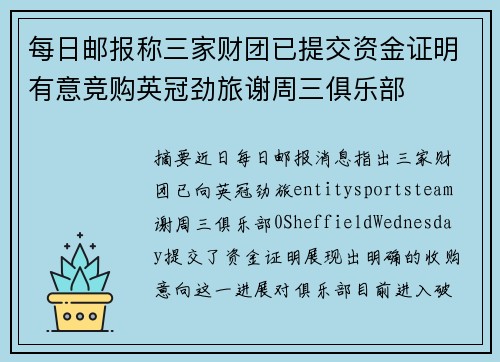 每日邮报称三家财团已提交资金证明有意竞购英冠劲旅谢周三俱乐部